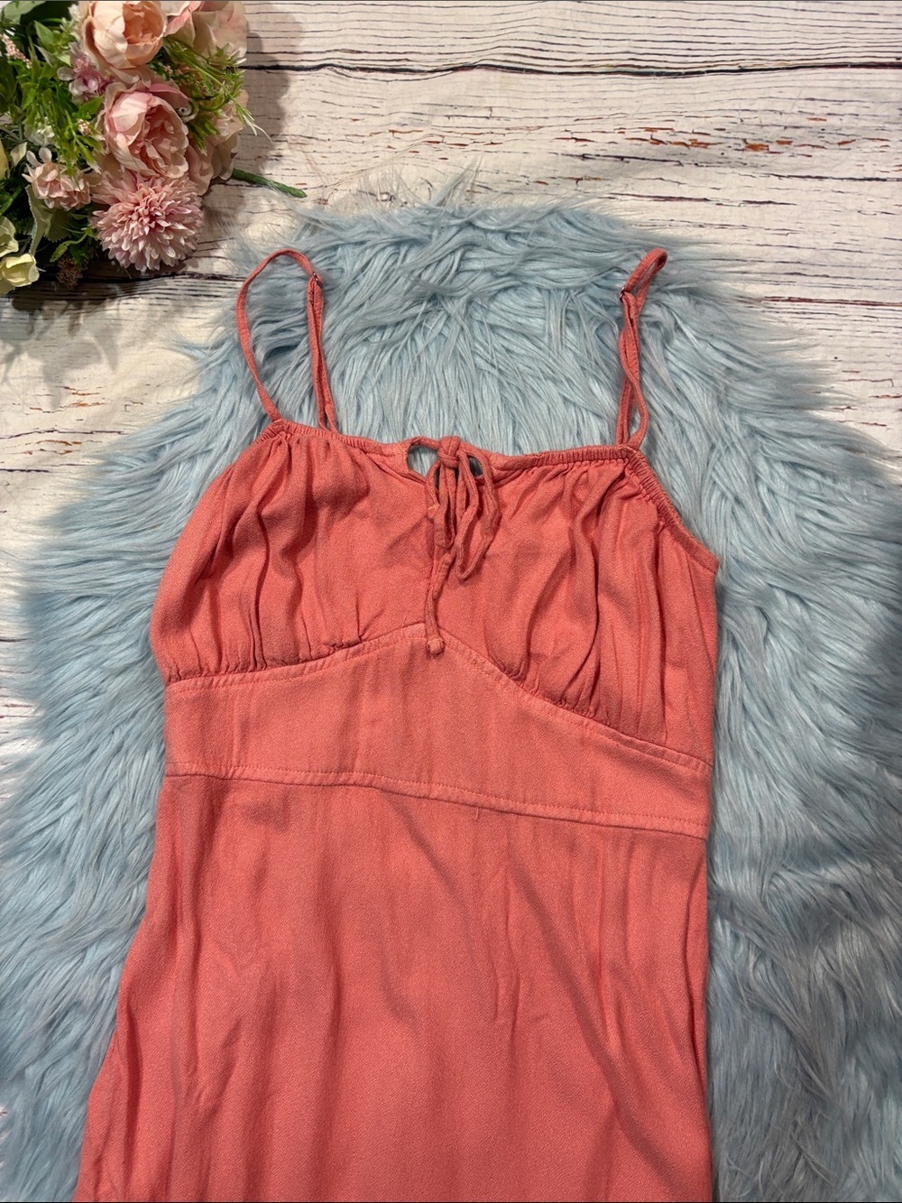 Abercrombie & Fitch Cottagecore Cinched Tie Front Ruffle Hem Coral Midi Dress - Picture 4 of 8